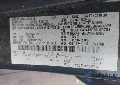 2015 Ford Fiesta Se из США, поврежденный, VIN 3FADP4BJ1FM140791